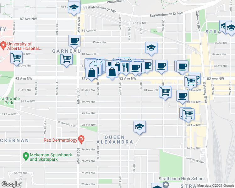 map of restaurants, bars, coffee shops, grocery stores, and more near 10647 81 Avenue Northwest in Edmonton