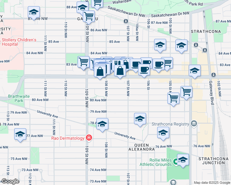 map of restaurants, bars, coffee shops, grocery stores, and more near 10735 81 Avenue Northwest in Edmonton
