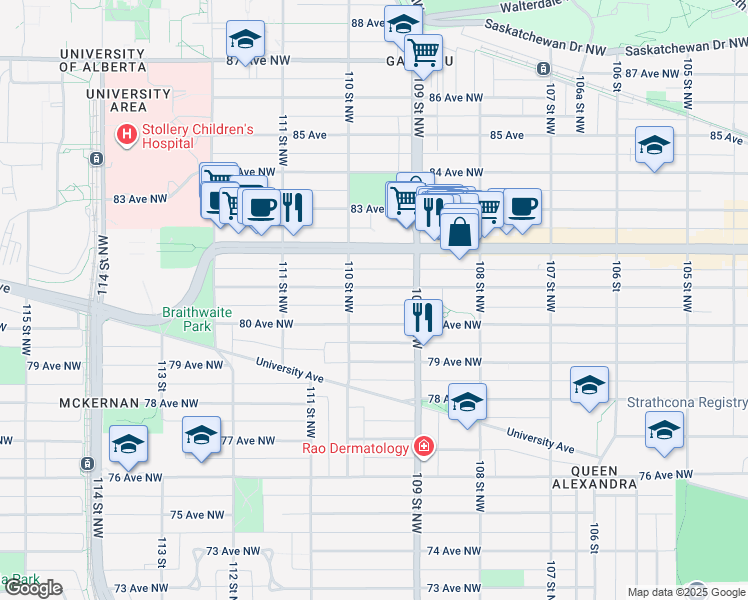 map of restaurants, bars, coffee shops, grocery stores, and more near 10941 81 Avenue Northwest in Edmonton