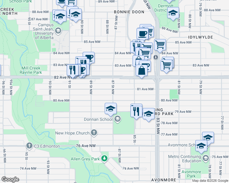 map of restaurants, bars, coffee shops, grocery stores, and more near 8104 87 Street Northwest in Edmonton