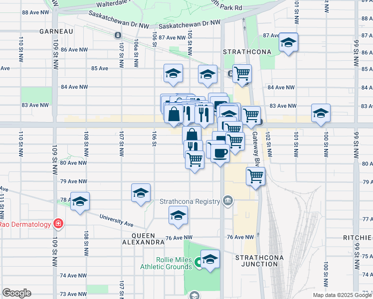 map of restaurants, bars, coffee shops, grocery stores, and more near 10481 81 Avenue Northwest in Edmonton