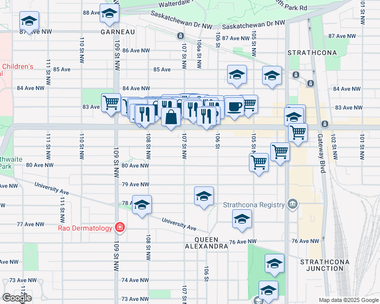 map of restaurants, bars, coffee shops, grocery stores, and more near 10647 81 Avenue Northwest in Edmonton