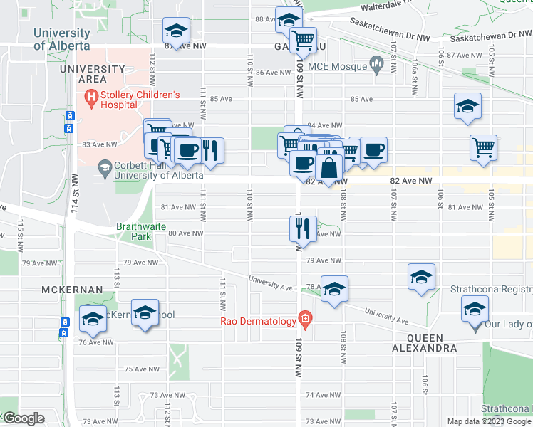 map of restaurants, bars, coffee shops, grocery stores, and more near 10941 81 Avenue Northwest in Edmonton