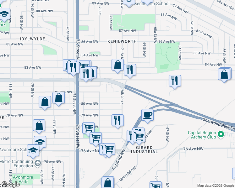 map of restaurants, bars, coffee shops, grocery stores, and more near 7103a 81 Avenue Northwest in Edmonton