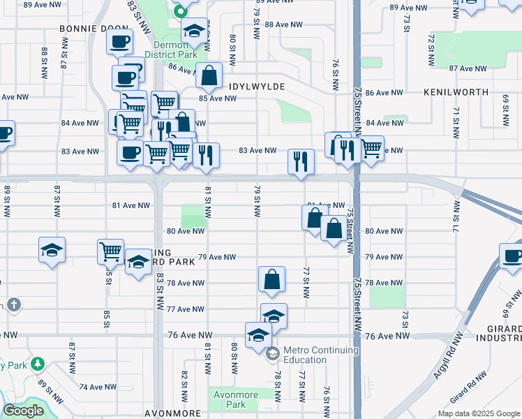 map of restaurants, bars, coffee shops, grocery stores, and more near 7911 81 Avenue Northwest in Edmonton