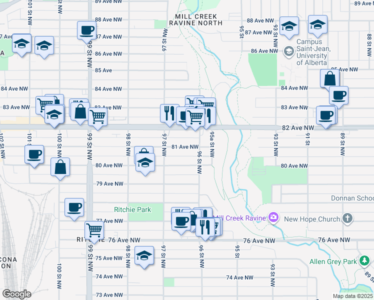 map of restaurants, bars, coffee shops, grocery stores, and more near 9619 81 Avenue Northwest in Edmonton