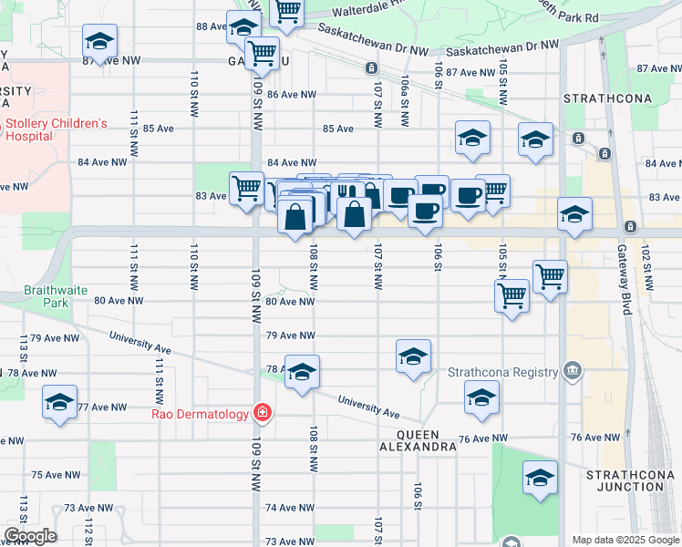 map of restaurants, bars, coffee shops, grocery stores, and more near 10735 81 Avenue Northwest in Edmonton