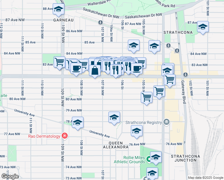 map of restaurants, bars, coffee shops, grocery stores, and more near 10633 81 Avenue Northwest in Edmonton