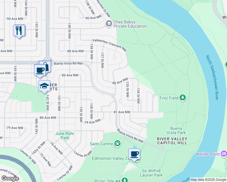 map of restaurants, bars, coffee shops, grocery stores, and more near 97 Valleyview Crescent Northwest in Edmonton