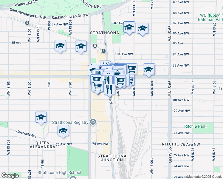 map of restaurants, bars, coffee shops, grocery stores, and more near 8101 Gateway Boulevard Northwest in Edmonton