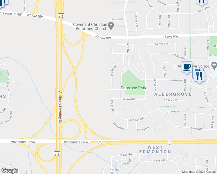 map of restaurants, bars, coffee shops, grocery stores, and more near 8308 190 Street Northwest in Edmonton