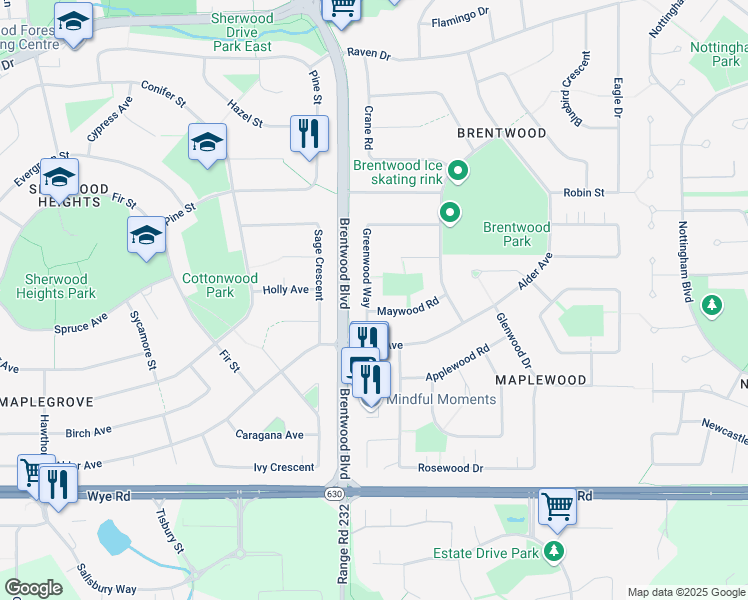map of restaurants, bars, coffee shops, grocery stores, and more near 41 Greenwood Way in Sherwood Park