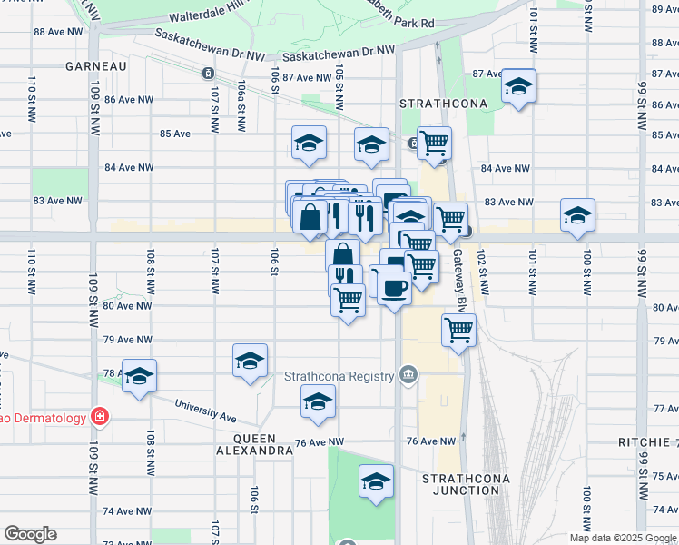 map of restaurants, bars, coffee shops, grocery stores, and more near 10481 81 Avenue Northwest in Edmonton