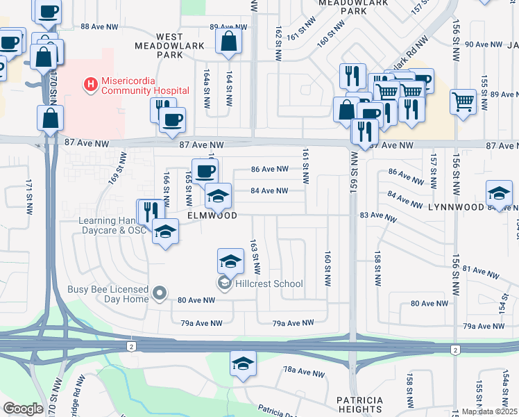 map of restaurants, bars, coffee shops, grocery stores, and more near 16210 83 Avenue Northwest in Edmonton