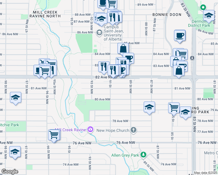 map of restaurants, bars, coffee shops, grocery stores, and more near 9102 81 Avenue Northwest in Edmonton