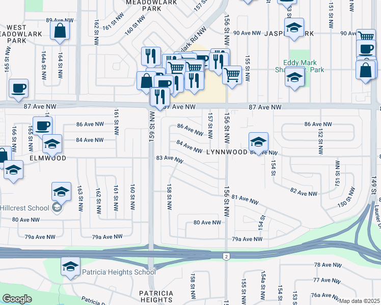 map of restaurants, bars, coffee shops, grocery stores, and more near 15717 84 Avenue Northwest in Edmonton