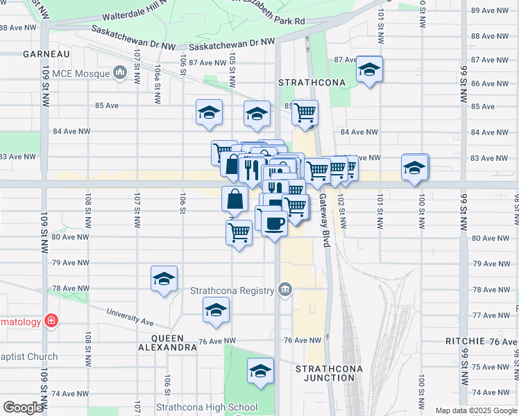 map of restaurants, bars, coffee shops, grocery stores, and more near in Edmonton