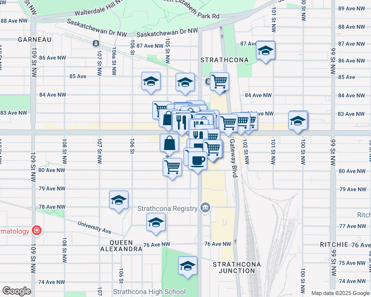 map of restaurants, bars, coffee shops, grocery stores, and more near in Edmonton