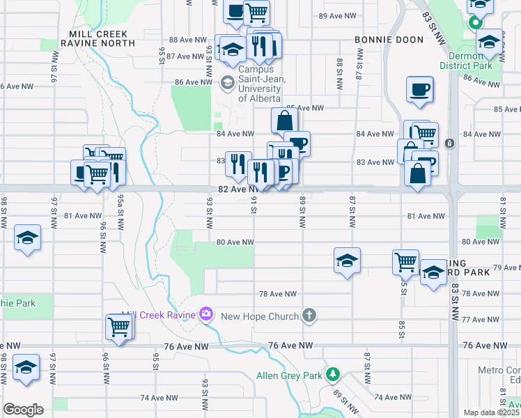 map of restaurants, bars, coffee shops, grocery stores, and more near 9102 81 Avenue Northwest in Edmonton