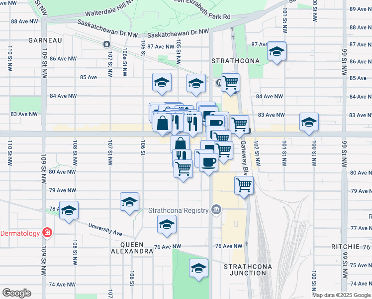 map of restaurants, bars, coffee shops, grocery stores, and more near 10481 81 Avenue Northwest in Edmonton