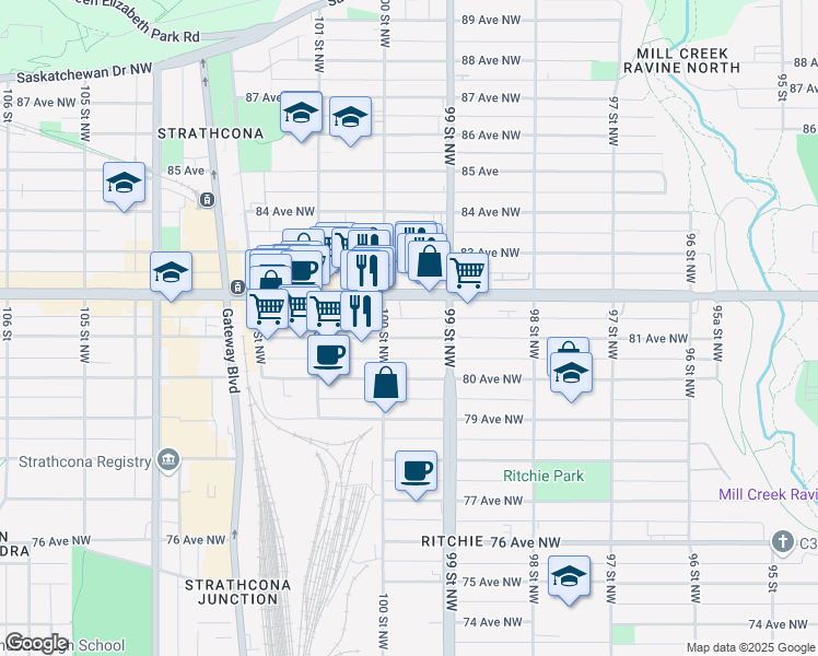 map of restaurants, bars, coffee shops, grocery stores, and more near in Edmonton