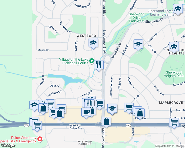 map of restaurants, bars, coffee shops, grocery stores, and more near 1023 Village Drive in Sherwood Park