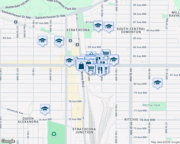 map of restaurants, bars, coffee shops, grocery stores, and more near 8135 102 Street Northwest in Edmonton