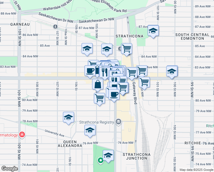 map of restaurants, bars, coffee shops, grocery stores, and more near in Edmonton