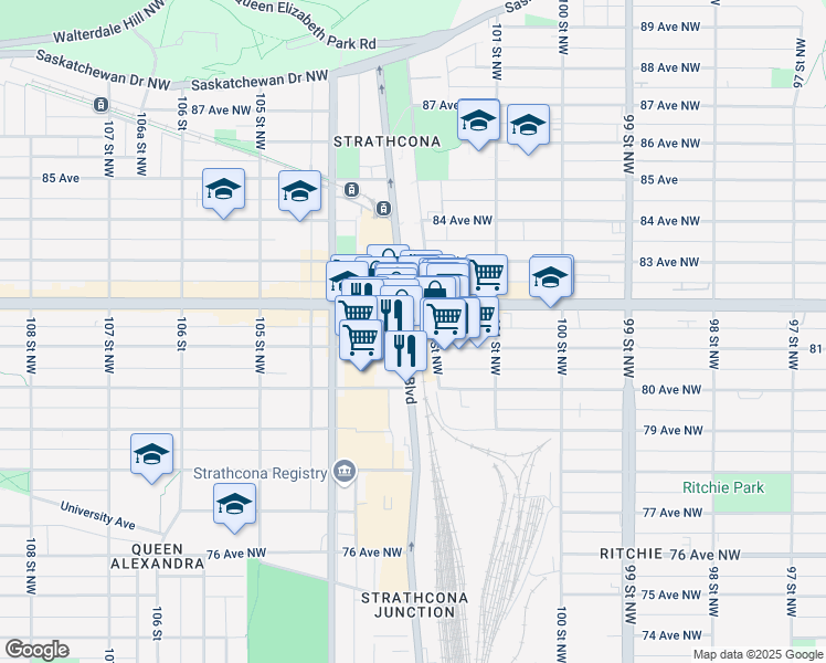 map of restaurants, bars, coffee shops, grocery stores, and more near 8101 Gateway Boulevard Northwest in Edmonton