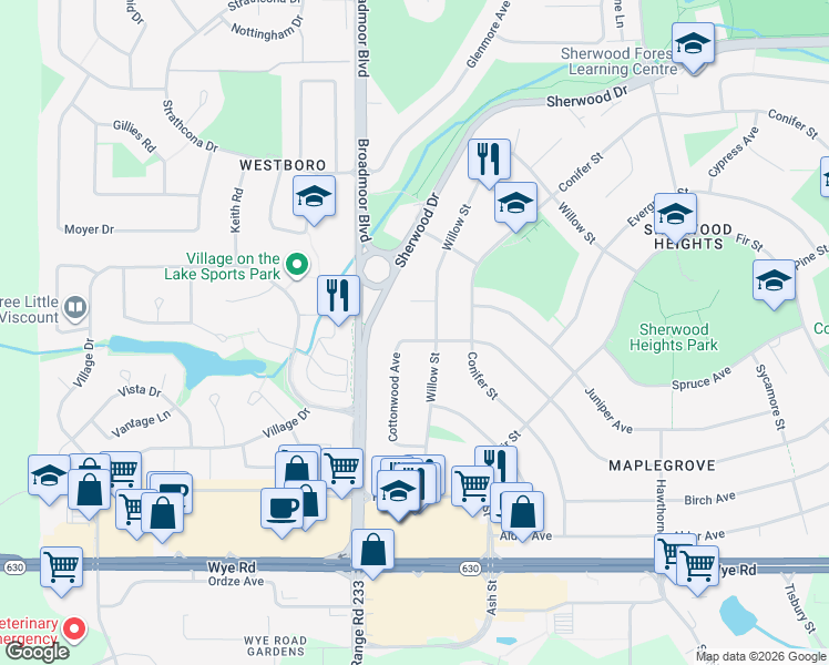 map of restaurants, bars, coffee shops, grocery stores, and more near 240 Cottonwood Avenue in Sherwood Park