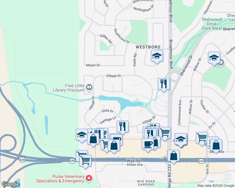 map of restaurants, bars, coffee shops, grocery stores, and more near 588 Victoria Manor in Sherwood Park