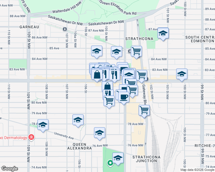 map of restaurants, bars, coffee shops, grocery stores, and more near 8155 105 Street Northwest in Edmonton