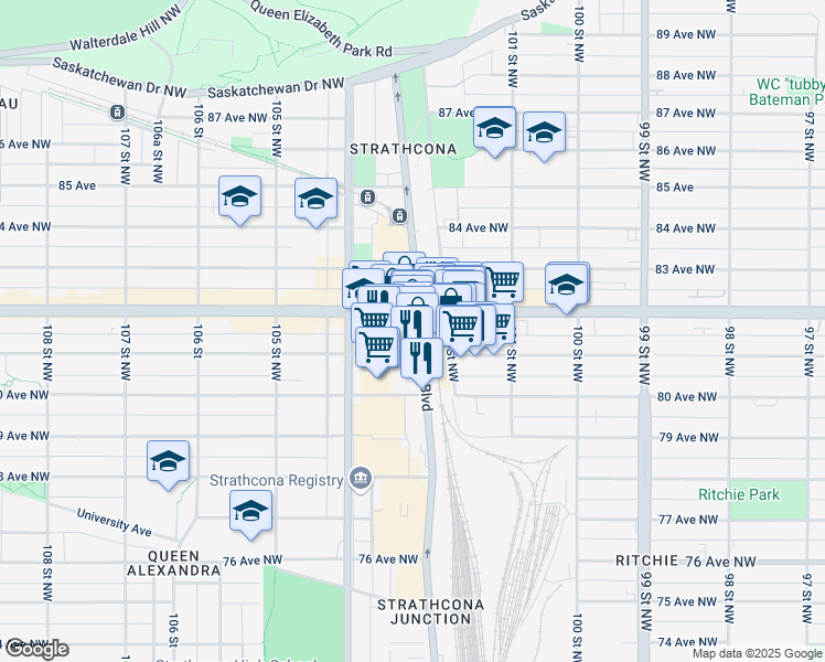 map of restaurants, bars, coffee shops, grocery stores, and more near 8101 Gateway Boulevard Northwest in Edmonton