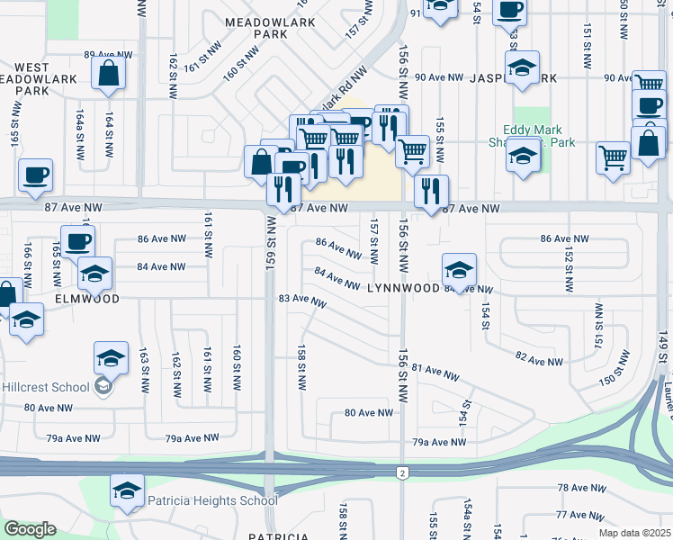 map of restaurants, bars, coffee shops, grocery stores, and more near 15717 84 Avenue Northwest in Edmonton