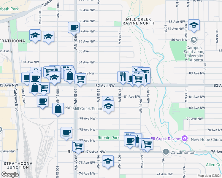 map of restaurants, bars, coffee shops, grocery stores, and more near 9725 81 Avenue Northwest in Edmonton