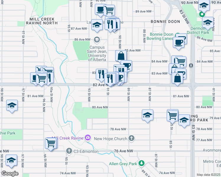 map of restaurants, bars, coffee shops, grocery stores, and more near 8943 82 Avenue Northwest in Edmonton