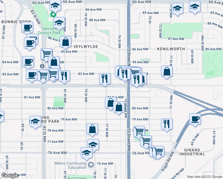 map of restaurants, bars, coffee shops, grocery stores, and more near 7535 81 Avenue Northwest in Edmonton
