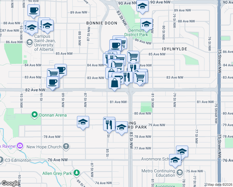 map of restaurants, bars, coffee shops, grocery stores, and more near 8333 82 Avenue Northwest in Edmonton