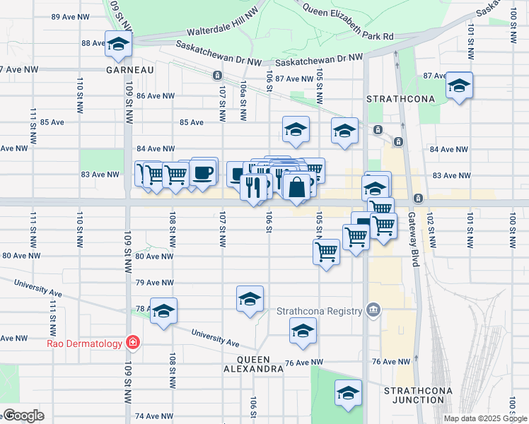 map of restaurants, bars, coffee shops, grocery stores, and more near 10615 81 Avenue Northwest in Edmonton