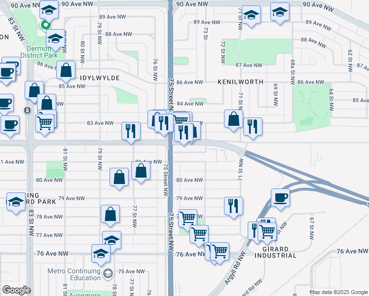 map of restaurants, bars, coffee shops, grocery stores, and more near 7419 82 Avenue Northwest in Edmonton