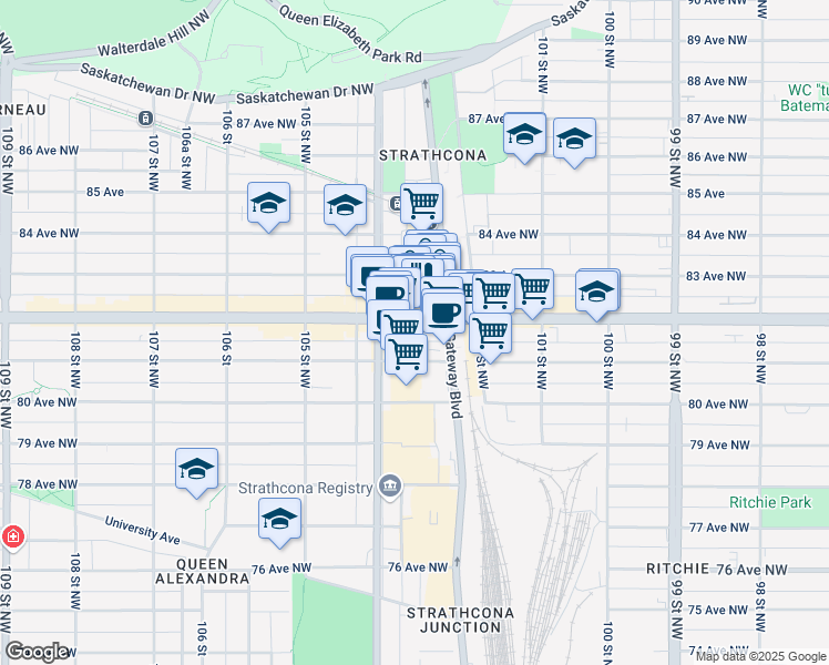 map of restaurants, bars, coffee shops, grocery stores, and more near 10310 83 Avenue Northwest in Edmonton