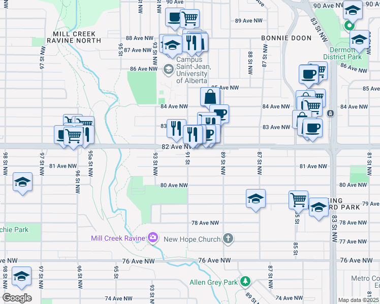map of restaurants, bars, coffee shops, grocery stores, and more near 8943 82 Avenue Northwest in Edmonton