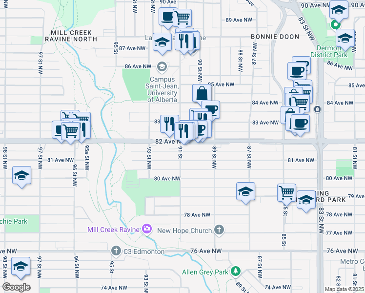 map of restaurants, bars, coffee shops, grocery stores, and more near 8943 82 Avenue Northwest in Edmonton