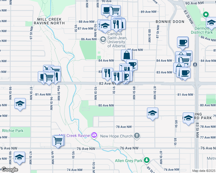 map of restaurants, bars, coffee shops, grocery stores, and more near 9131 83 Avenue Northwest in Edmonton