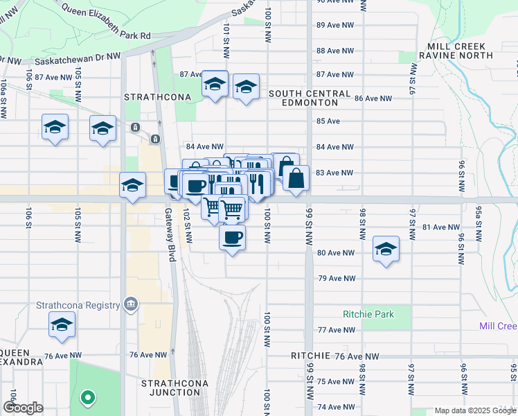 map of restaurants, bars, coffee shops, grocery stores, and more near in Edmonton