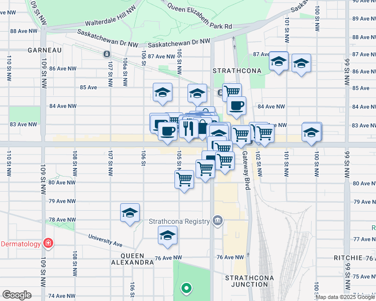 map of restaurants, bars, coffee shops, grocery stores, and more near 10455 82 Avenue Northwest in Edmonton