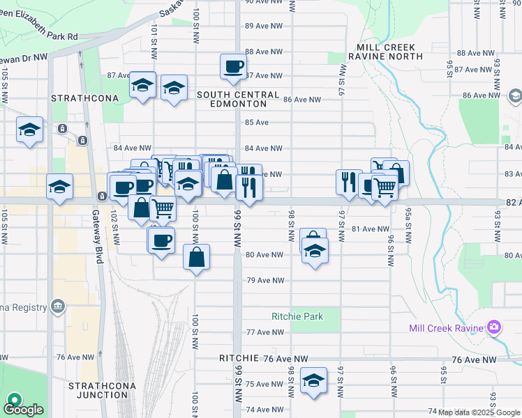 map of restaurants, bars, coffee shops, grocery stores, and more near 9845 82 Avenue Northwest in Edmonton