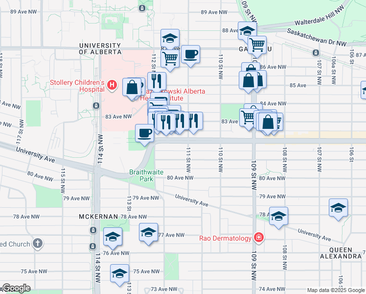 map of restaurants, bars, coffee shops, grocery stores, and more near 11115 83 Avenue Northwest in Edmonton