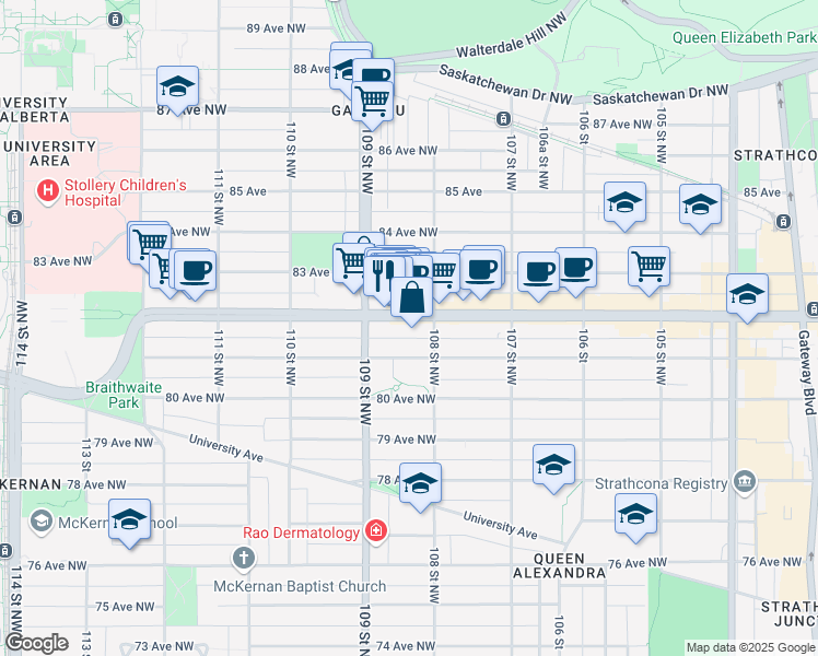 map of restaurants, bars, coffee shops, grocery stores, and more near in Edmonton