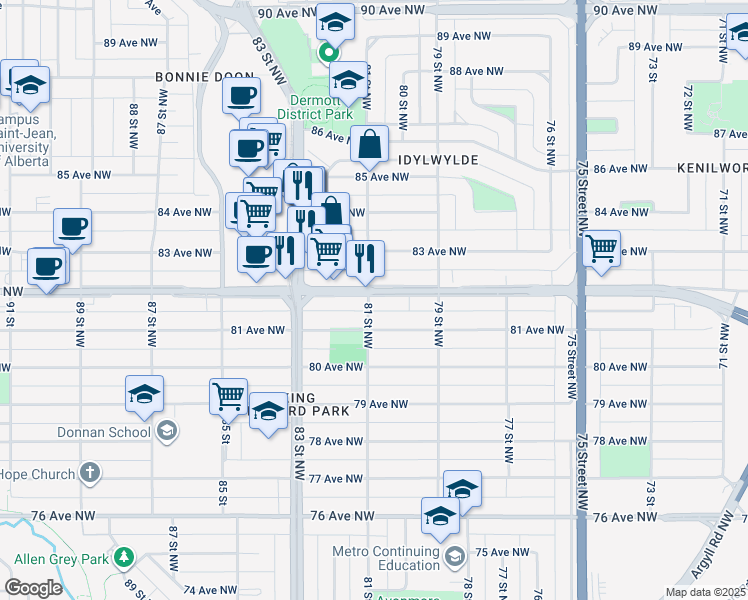 map of restaurants, bars, coffee shops, grocery stores, and more near 8104 82 Avenue Northwest in Edmonton